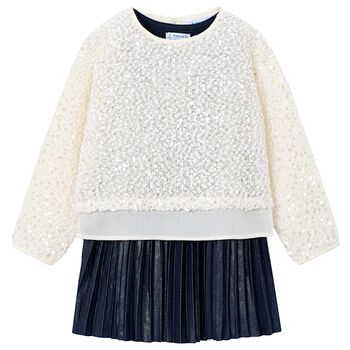 Girls Ivory & Navy Blue Sequin Dress Set