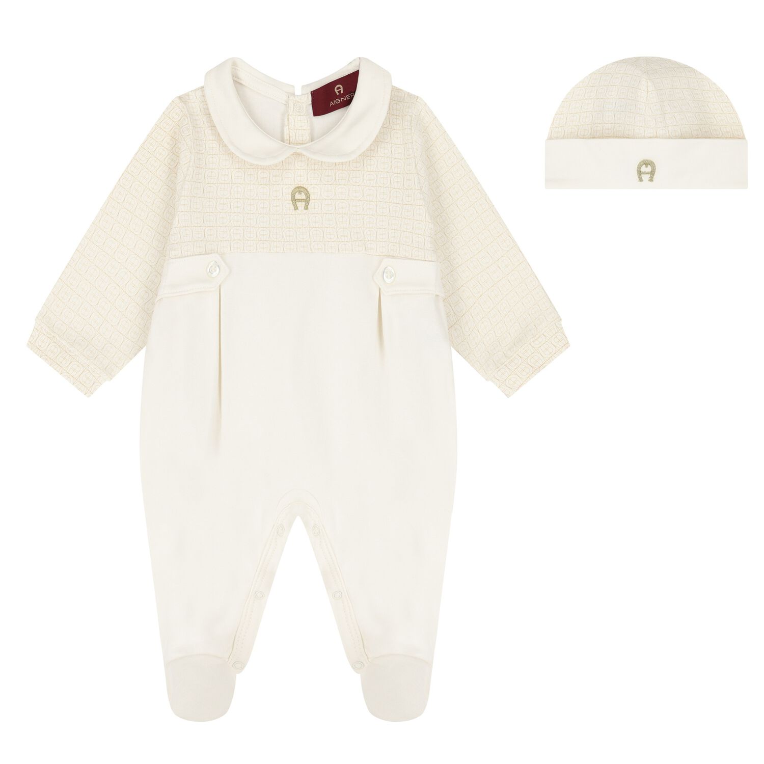 Ivory & Gold Logo Babygrow & Hat Gift Set, 1, hi-res
