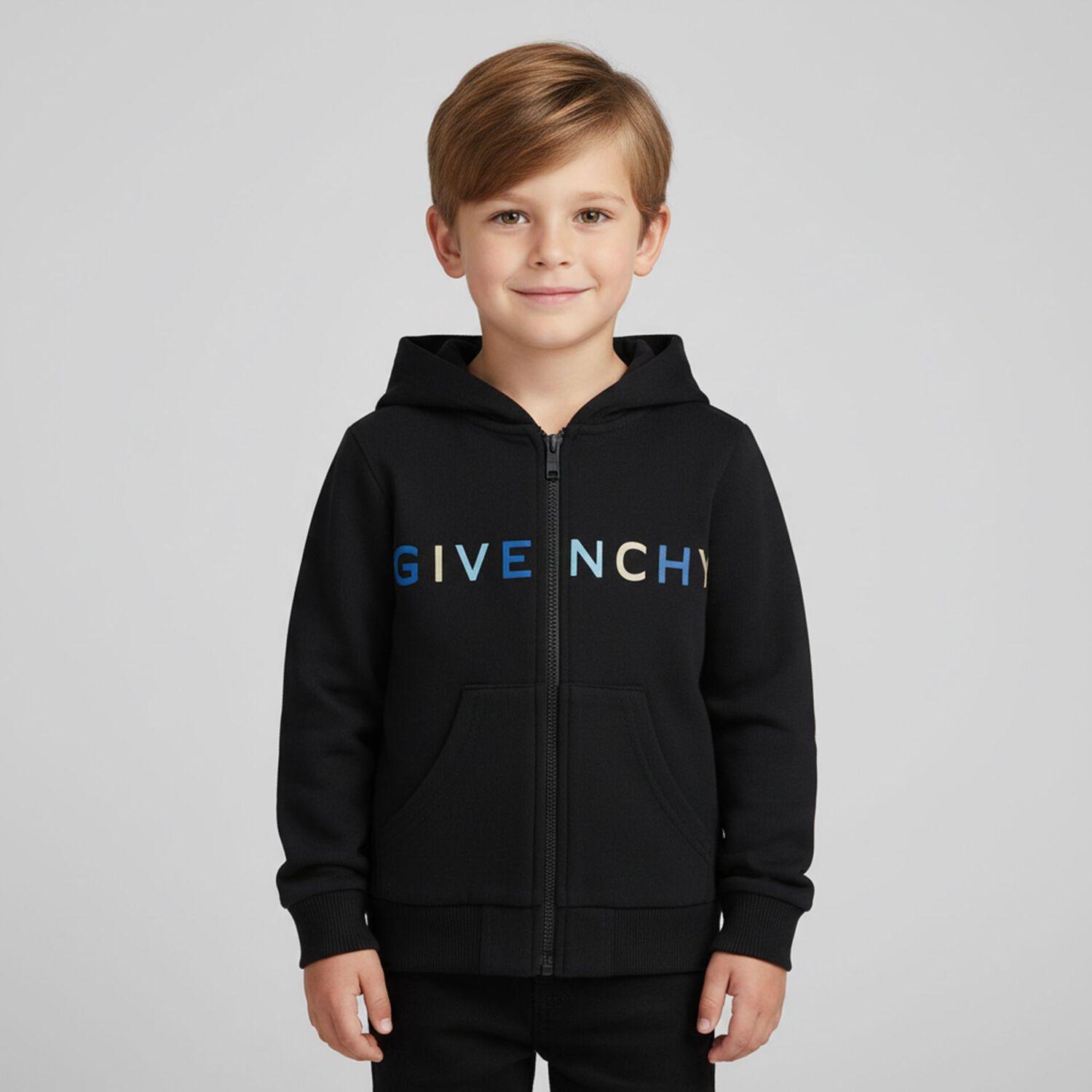 Younger Boys Black Logo Hooded Zip Up Top, 2, hi-res