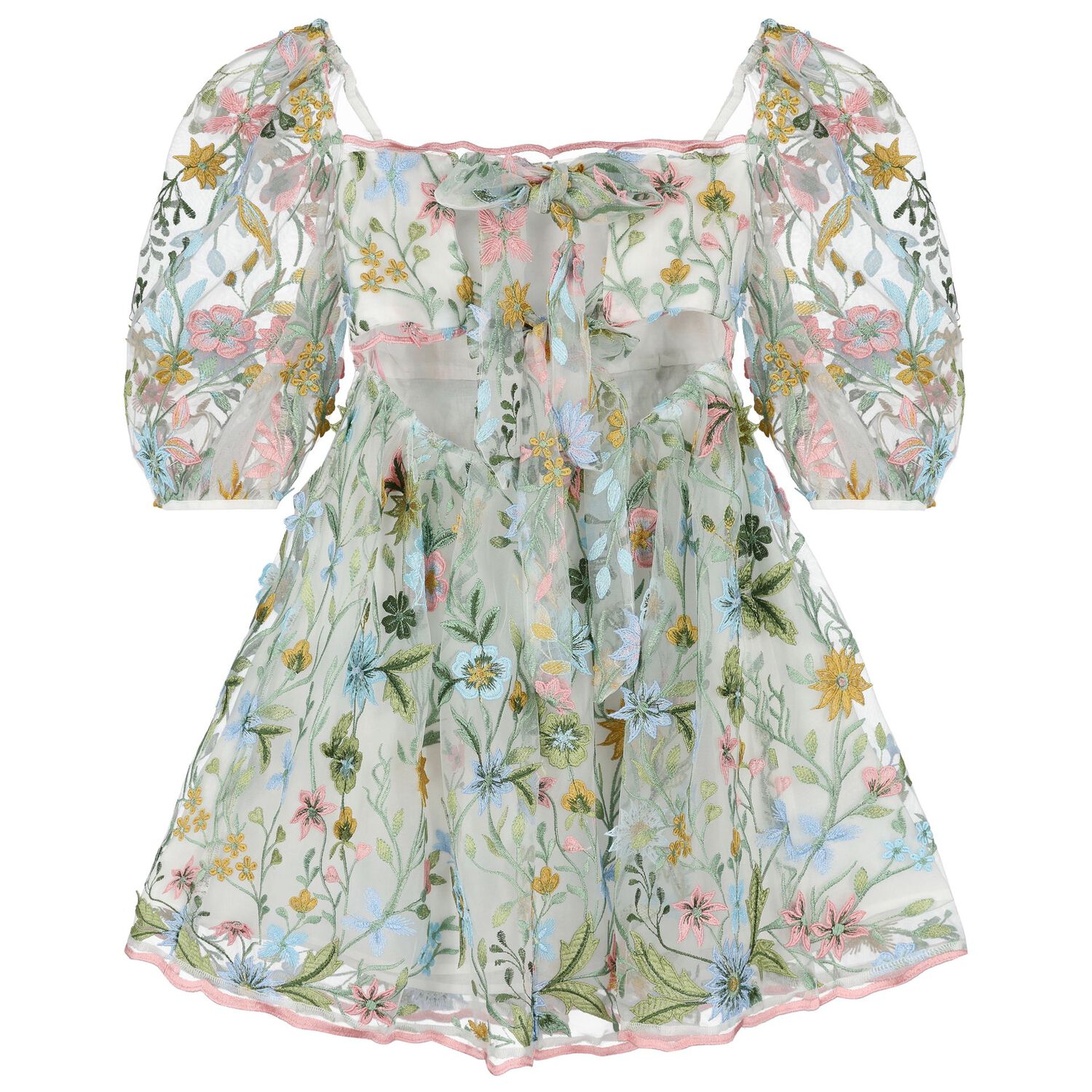 Girls White & Green Embroidered Tulle Dress, 1, hi-res