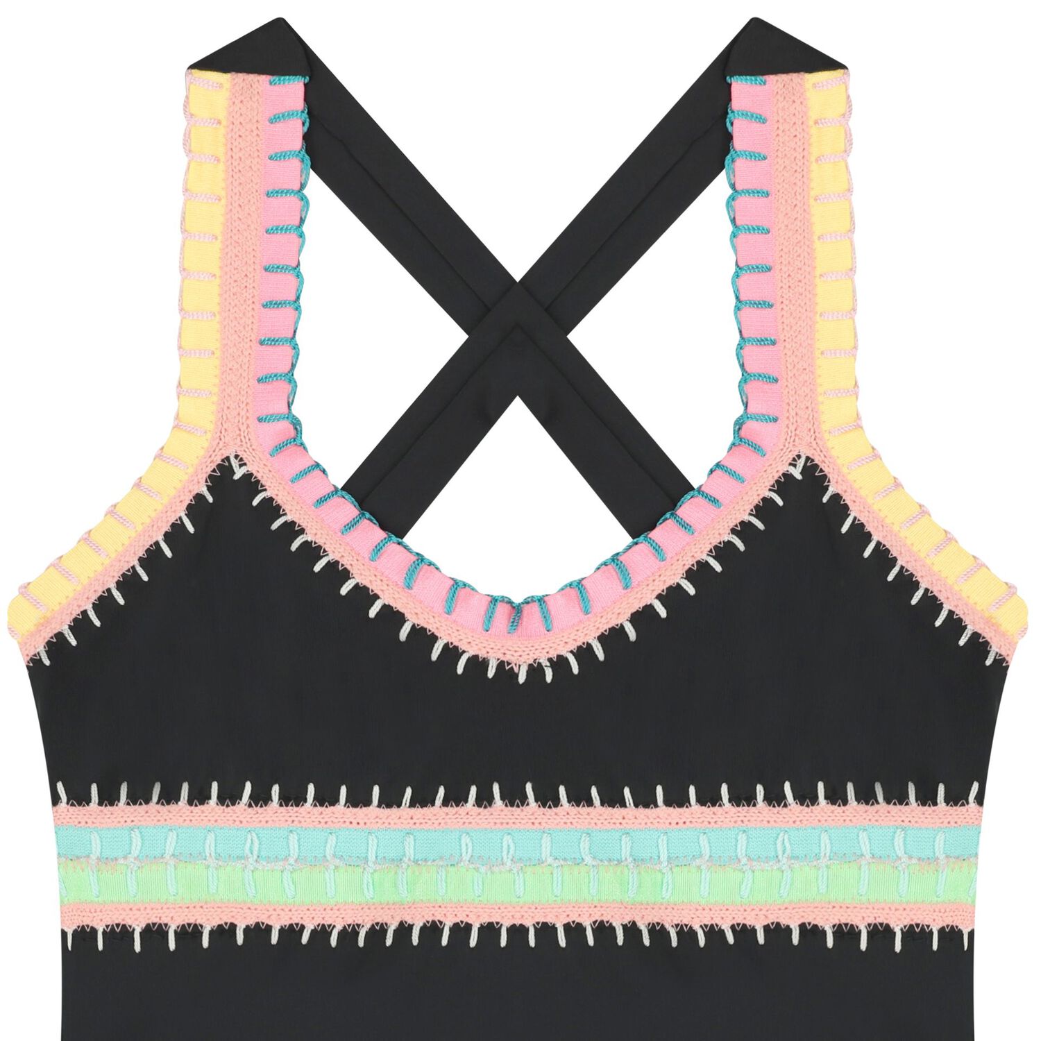 Girls Black Embroidered Swimsuit, 1, hi-res