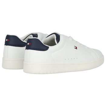 Boys White & Blue Logo Leather Trainers