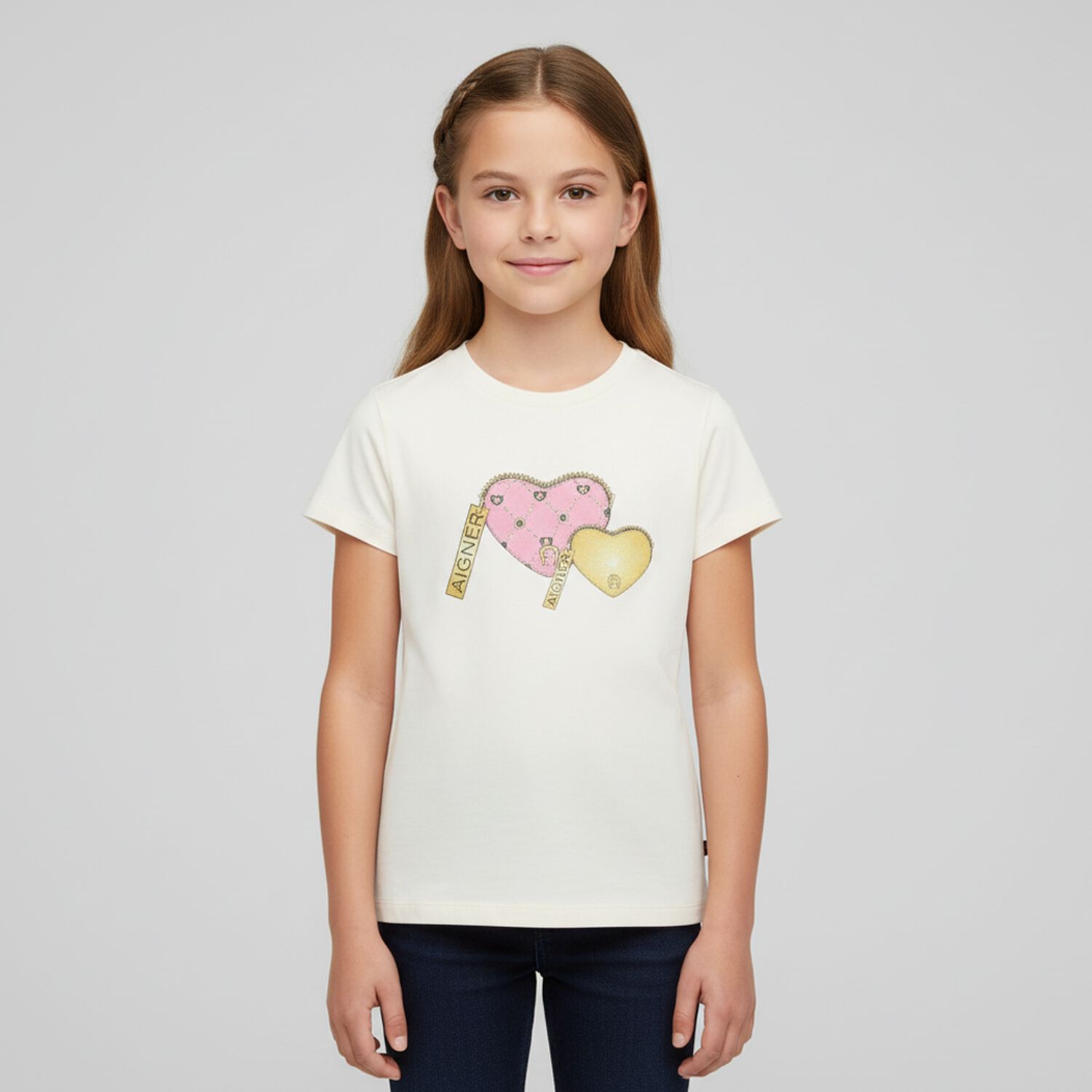 Girls Ivory Heart Bag T-Shirt, 1, hi-res