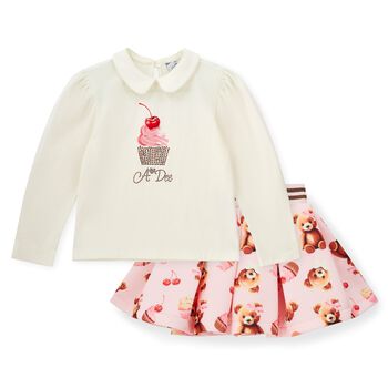 Girls Ivory & Pink Bear Skirt Set