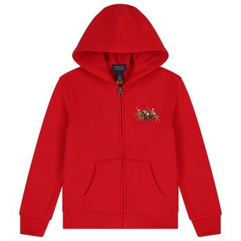 Boys Red Logo Hooded Zip Up Top