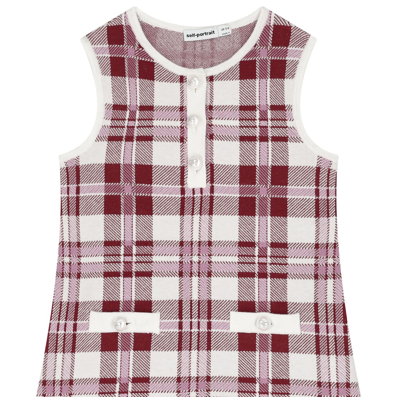 Girls White & Burgundy Red Check Knitted Dress, 1, hi-res image number null