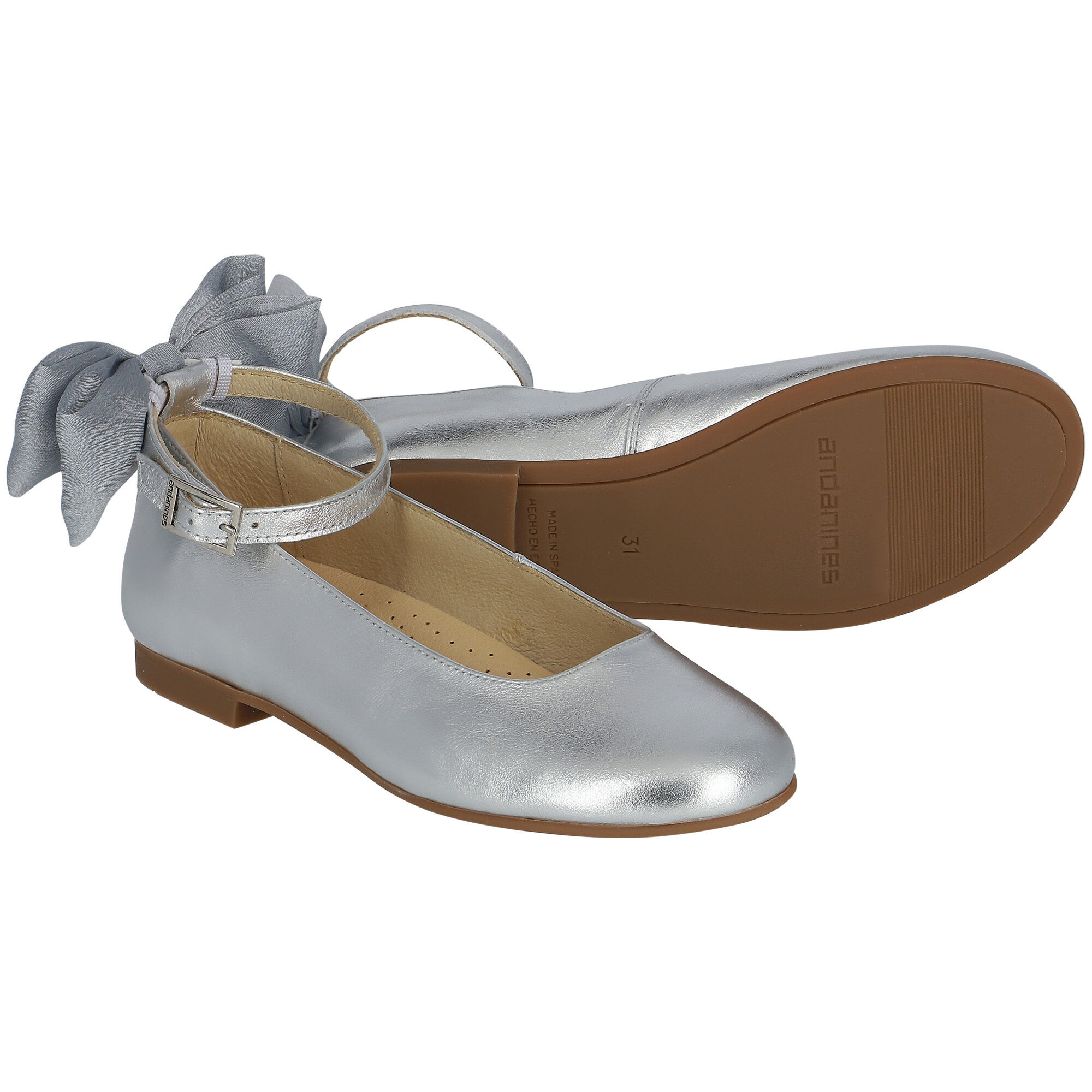 Andanines Girls Silver Bow Ballerina Shoes Junior Couture UK