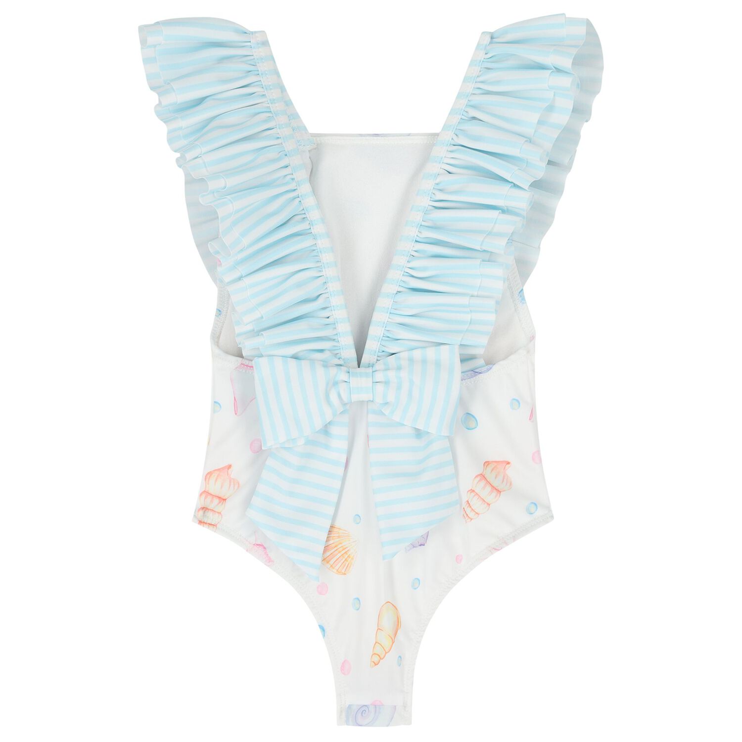 Girls White & Blue Seashells Swimsuit, 4, hi-res