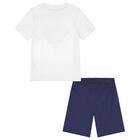 Boys White & Navy Blue Logo Shorts Set, 2, hi-res