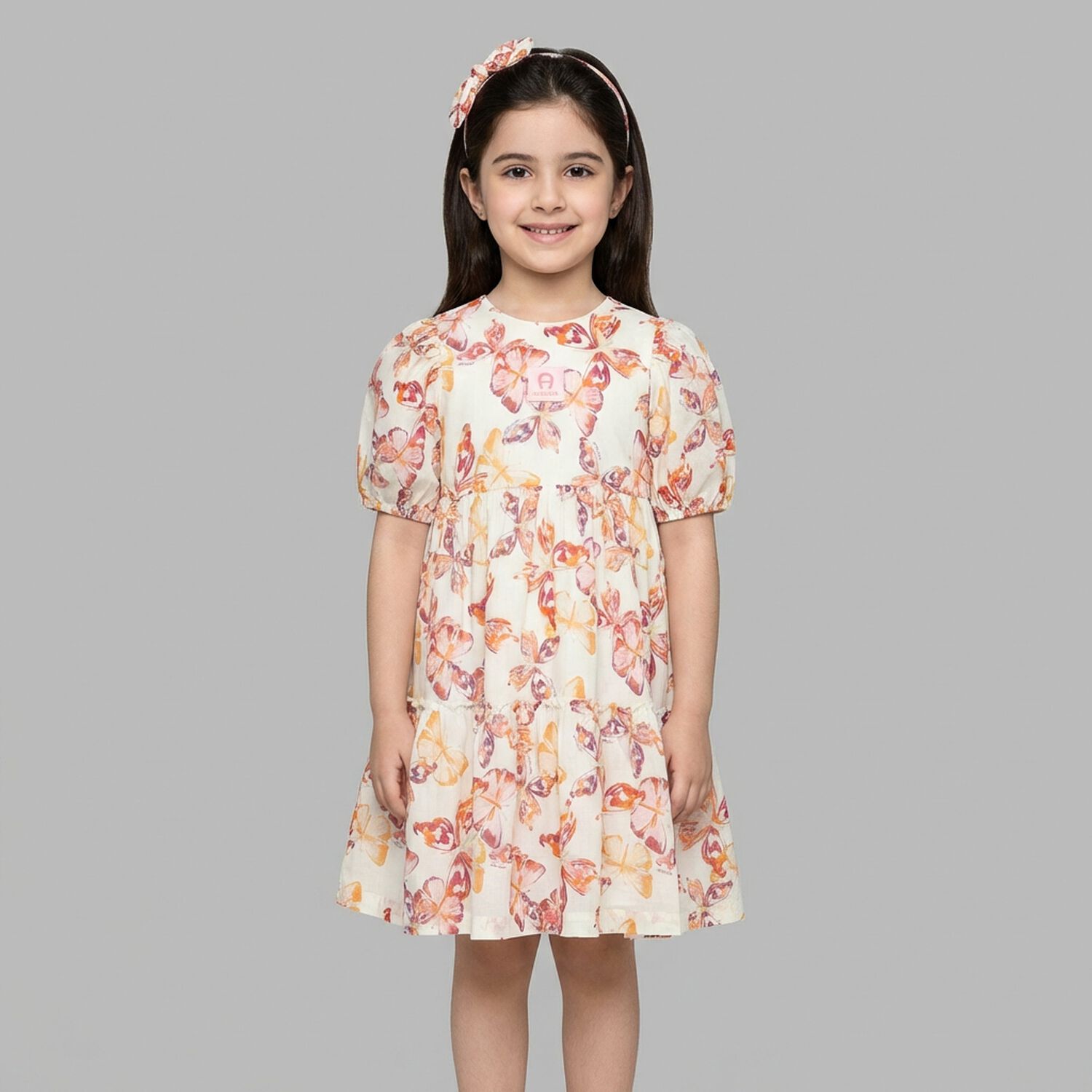 Girls Ivory & Pink Butterflies Logo Dress , 3, hi-res