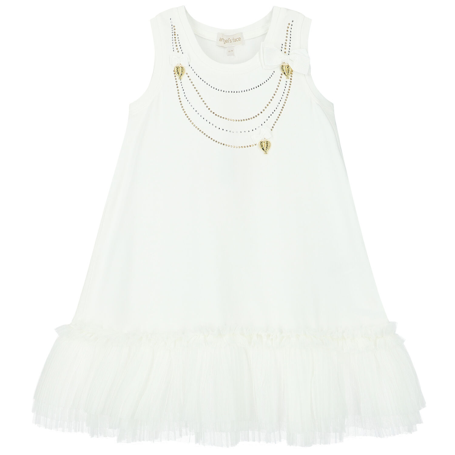 Girls White Embellished Tulle Dress, 1, hi-res