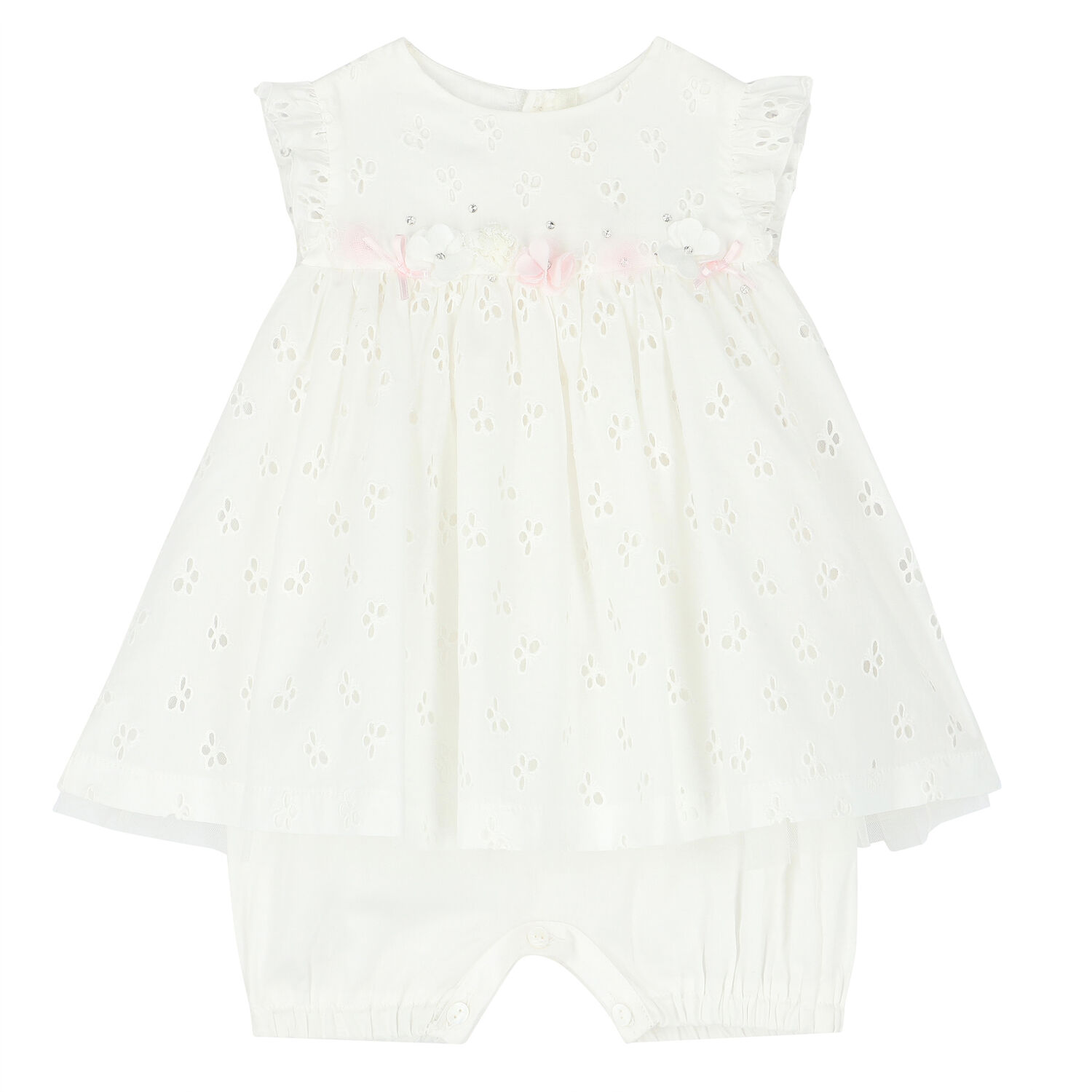 Girls White Cotton Dress Romper, 1, hi-res
