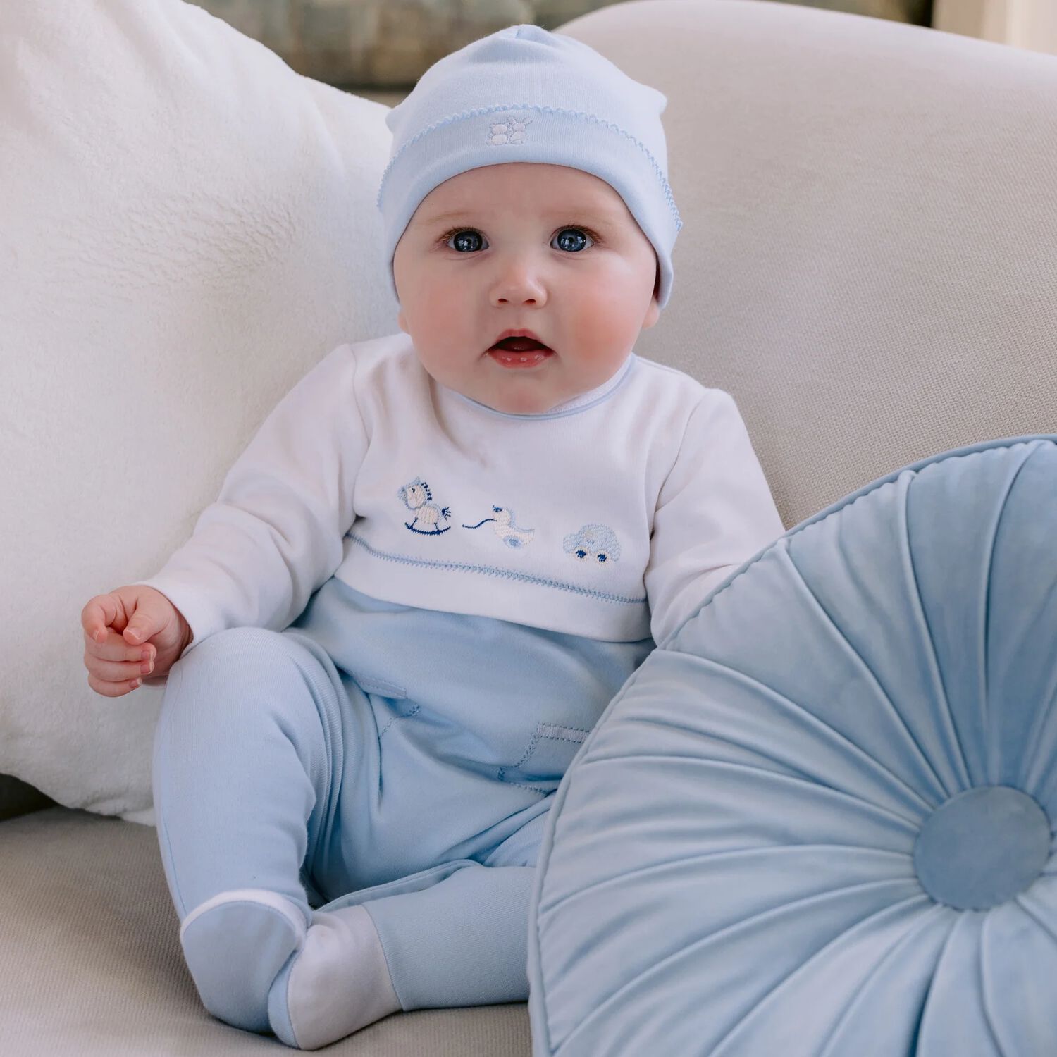 Baby Boys White & Blue Embroidered Babygrow Set, 1, hi-res image number null