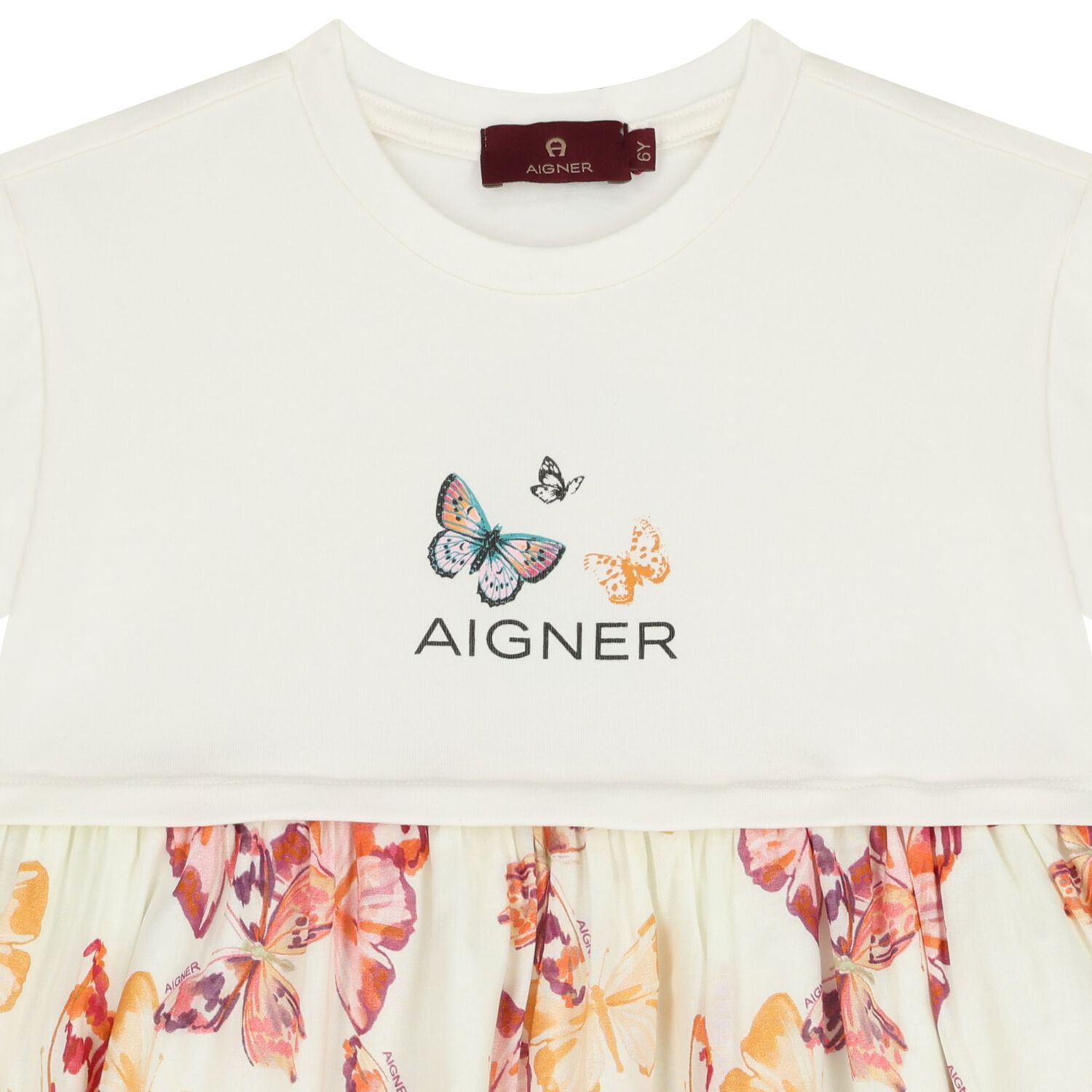 Girls Ivory & Pink Butterflies Logo Dress, 2, hi-res