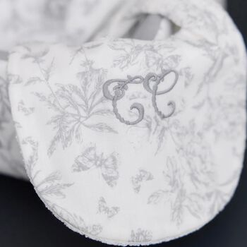 White & Grey Toile De Jouy Baby Bib