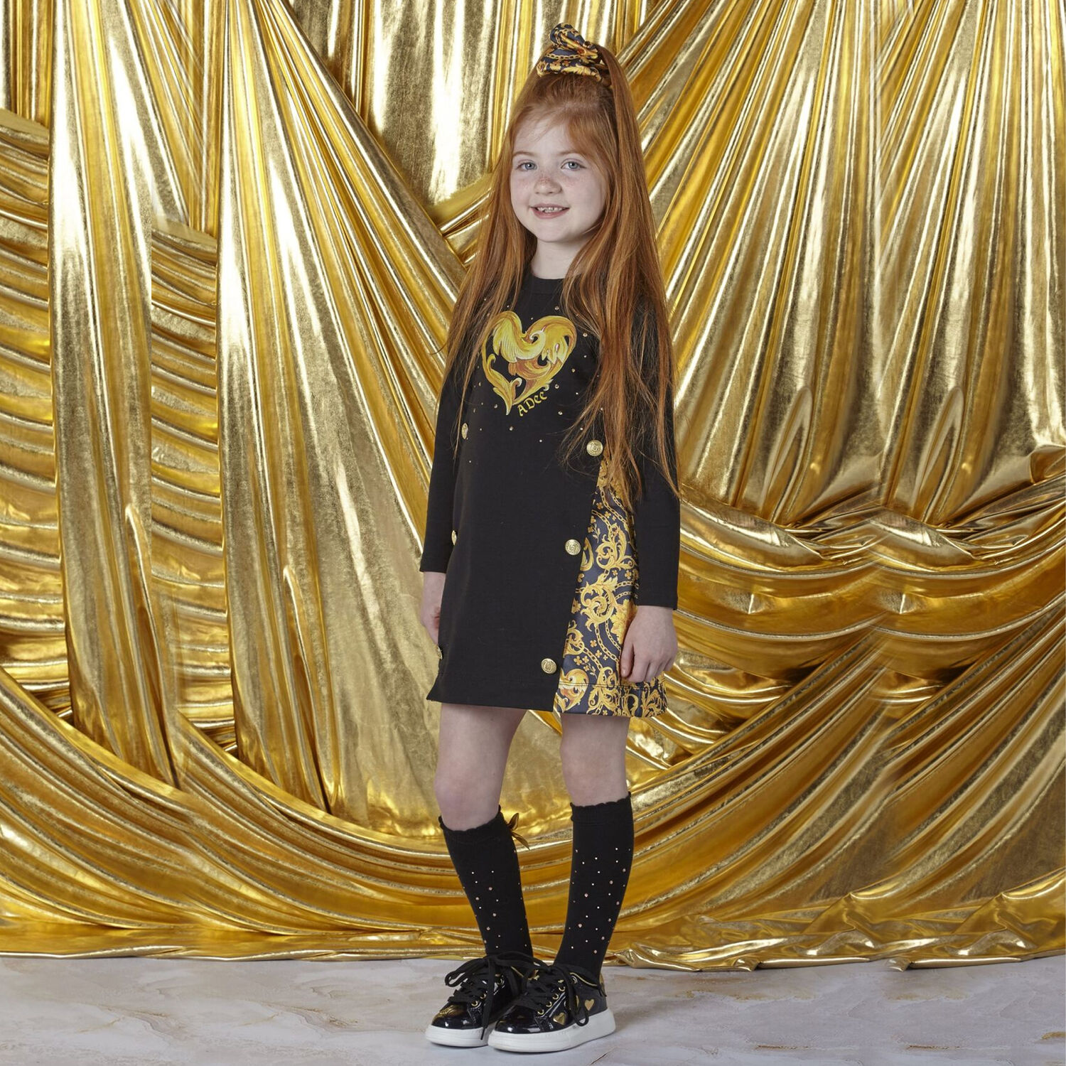 Girls Black & Gold Heart Dress, 1, hi-res image number null
