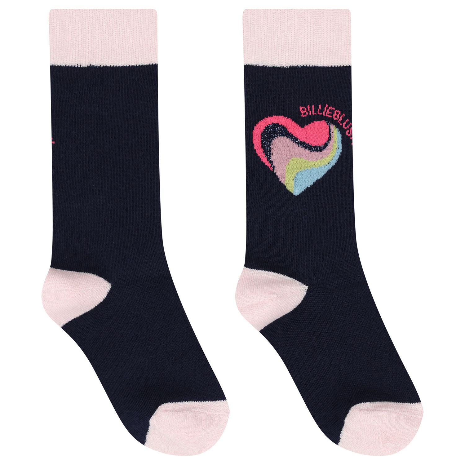 Girls Navy Blue & Pink Heart Socks, 1, hi-res