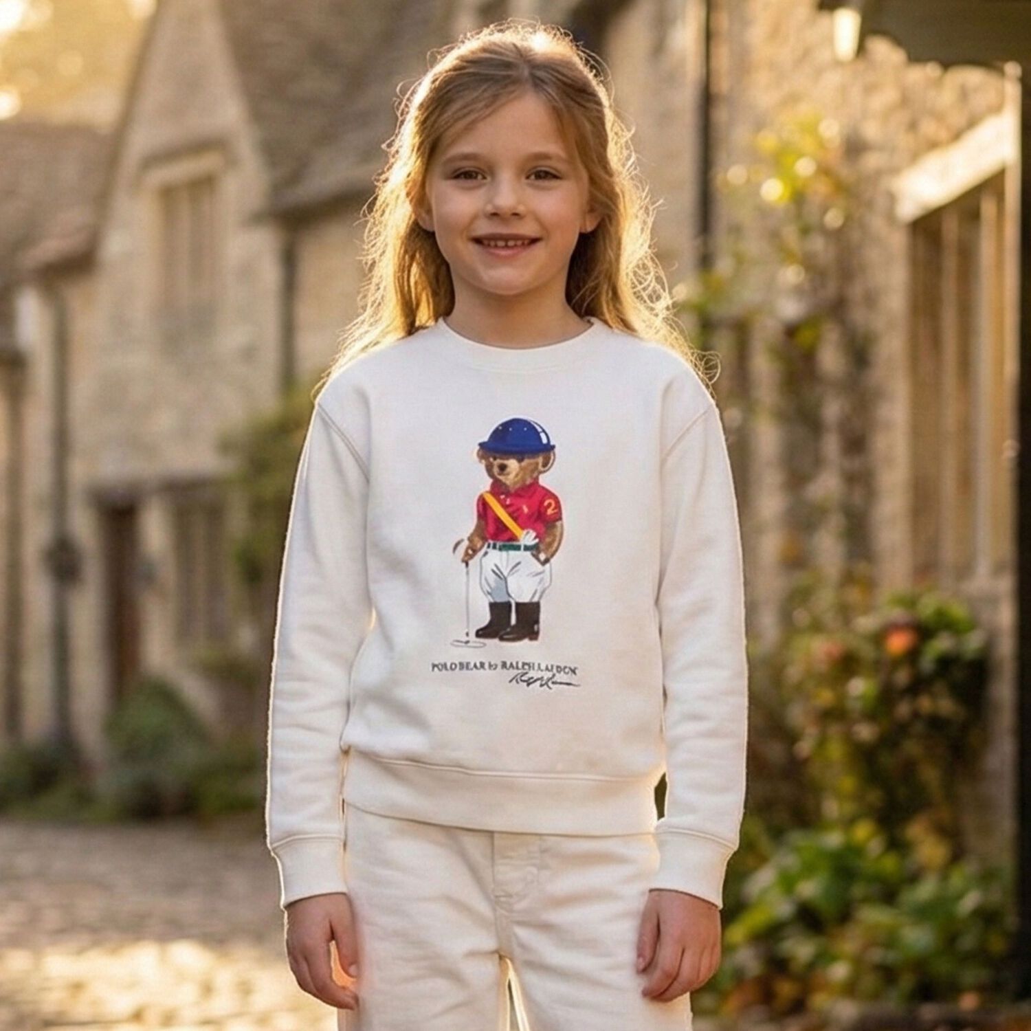 Girls White Polo Bear Sweatshirt, 1, hi-res
