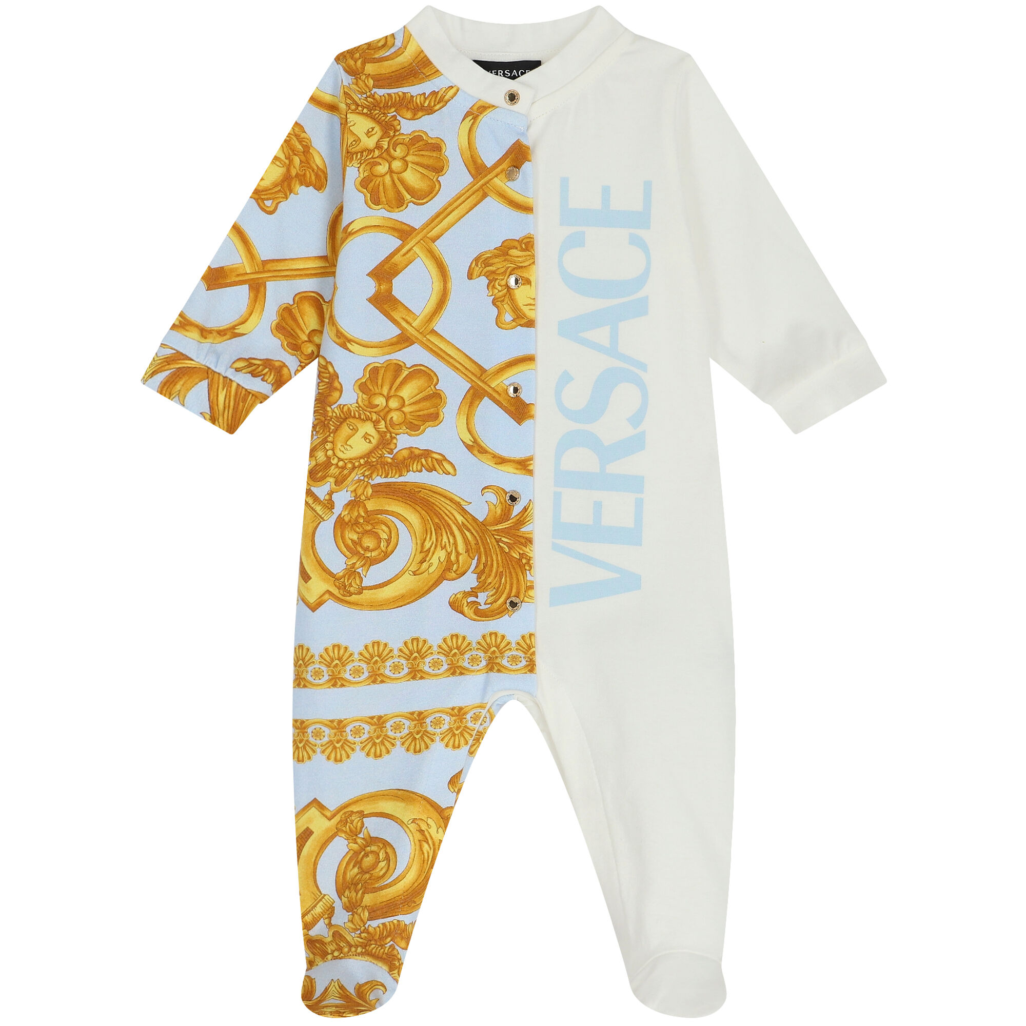Versace Baby Boys Blue Ivory Logo Babygrow Junior Couture UK