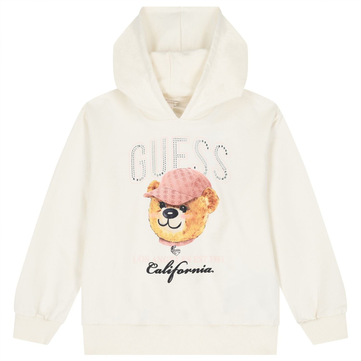 Girls Ivory Teddy Bear Logo Hooded Top, 1, hi-res