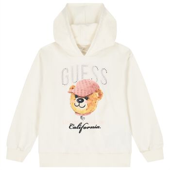 Girls Ivory Teddy Bear Logo Hooded Top