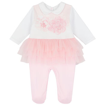 Baby Girls White & Pink Floral Babygrow