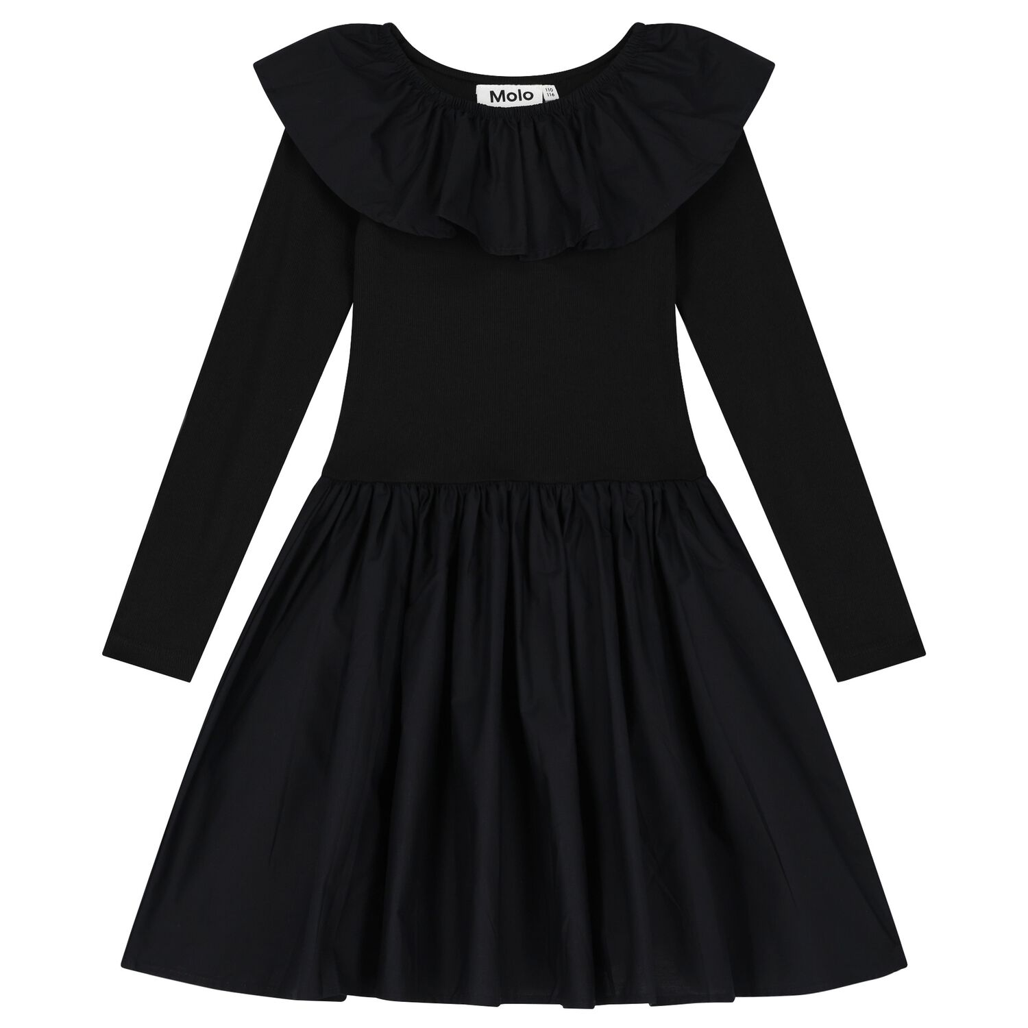 Girls Black Ruffled Long Sleeve Dress, 1, hi-res