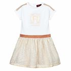 Girls White & Gold Logo Dress, 1, hi-res
