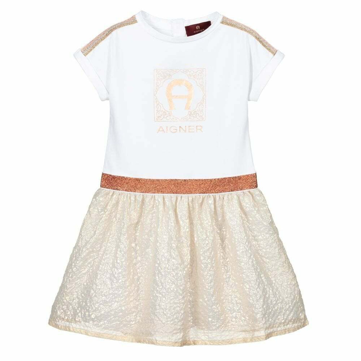 Girls White & Gold Logo Dress, 1, hi-res image number null