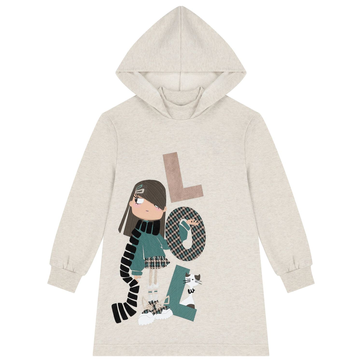 Girls Beige Hooded Sweatshirt Dress, 1, hi-res