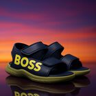 Boys Navy Blue & Green Logo Sandals, 2, hi-res