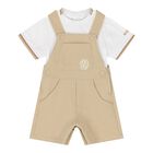 Baby Boys Beige & White Logo Dungaree Set, 2, hi-res