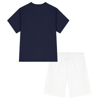 Boys Navy Blue & White Cotton Logo Shorts Set