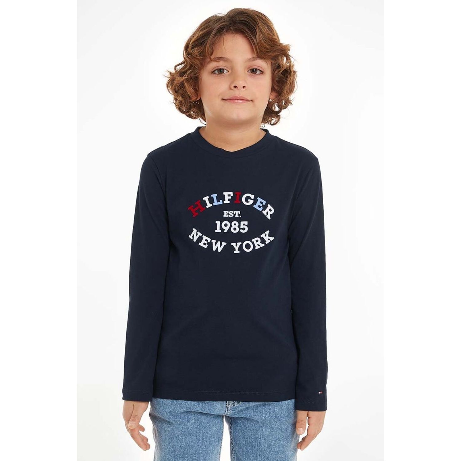 Boys Navy Blue Logo Long Sleeve Top, 1, hi-res
