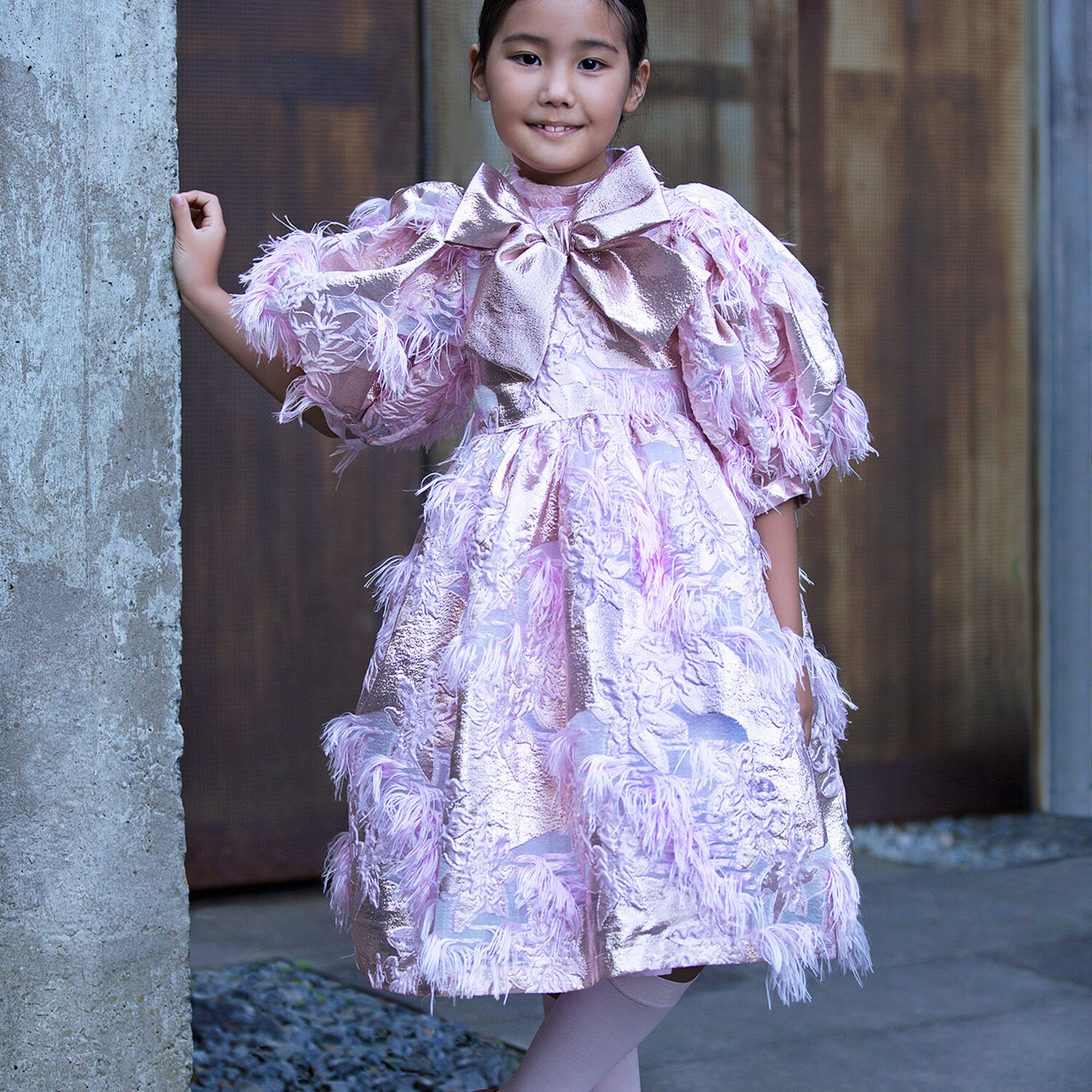 Girls Pink Floral Jacquard Dress, 1, hi-res