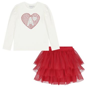 Girls White & Red Tulle Skirt Set
