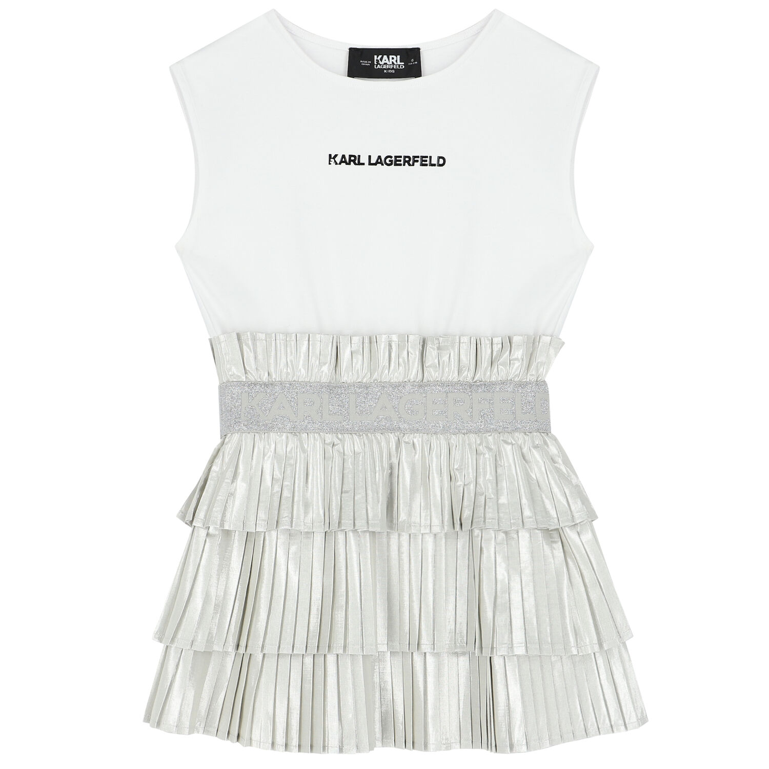 Girls Silver & White Logo Dress, 1, hi-res