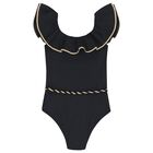 Girls Black Ruffled Swimsuit, 1, hi-res