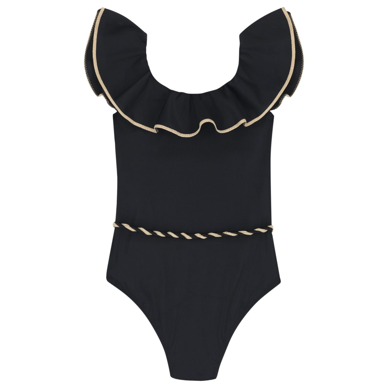 Girls Black Ruffled Swimsuit, 1, hi-res