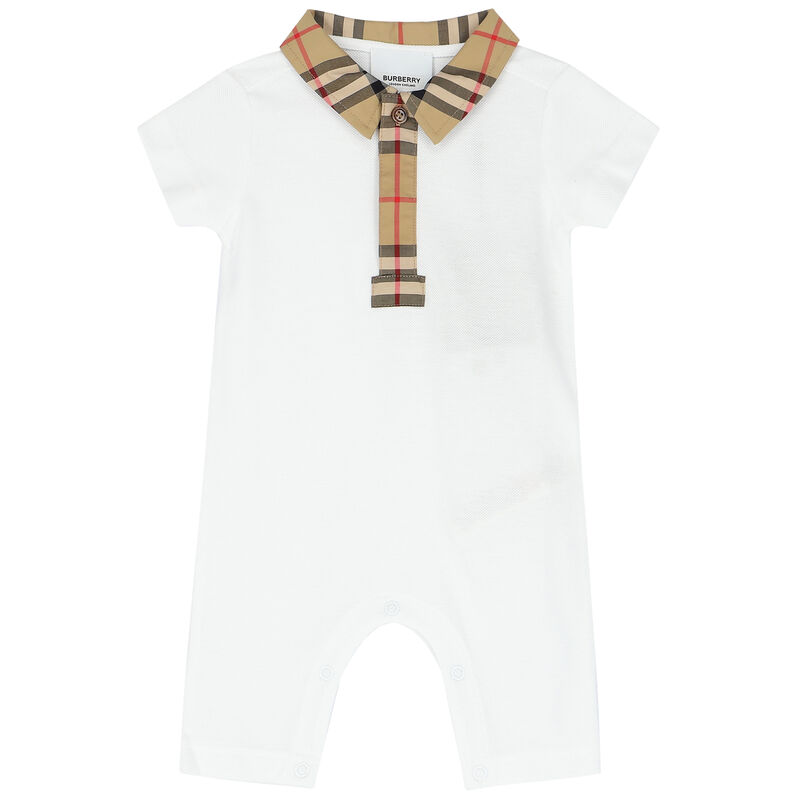 White & Checked Piqué Baby Romper, 1, hi-res image number null