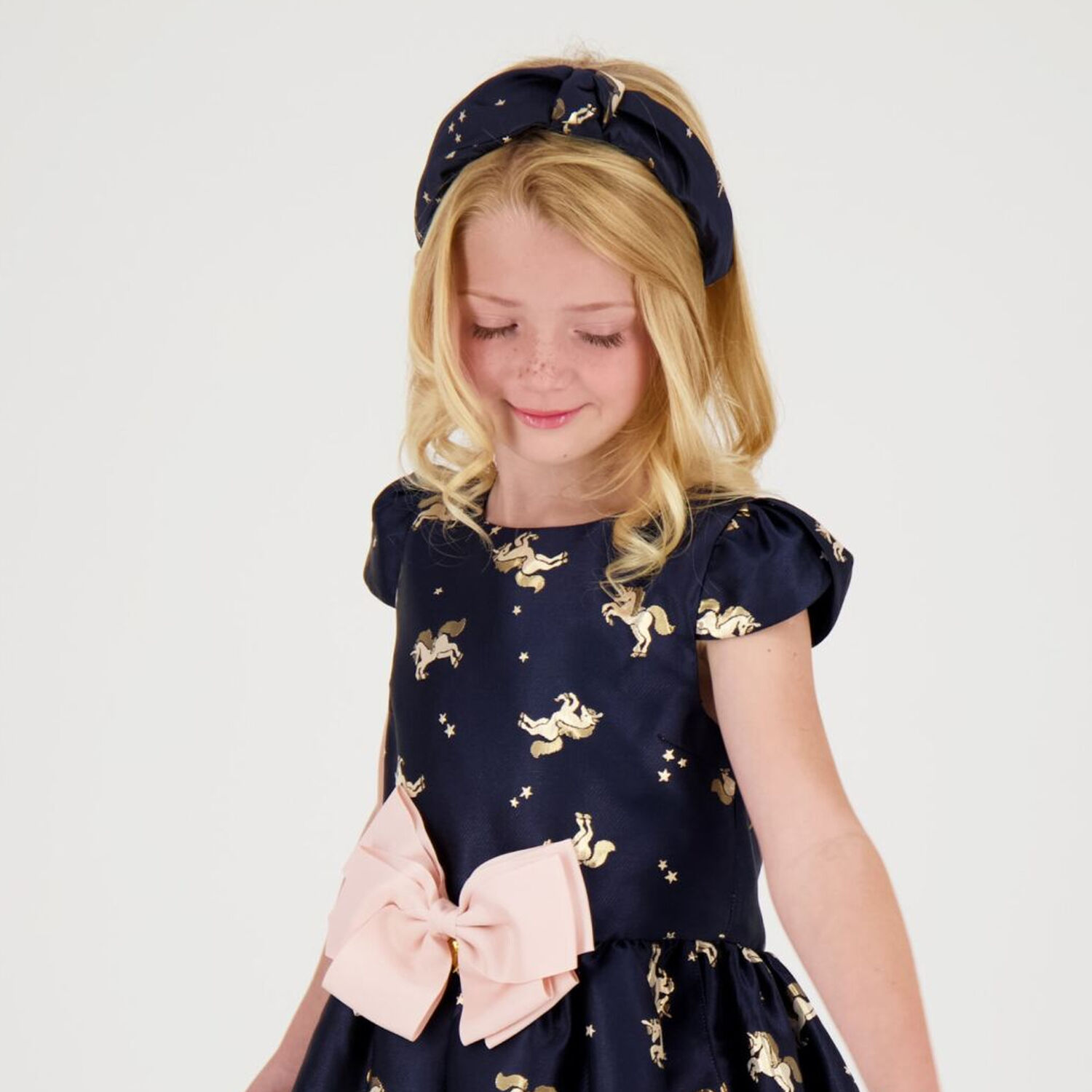 Girls Navy Blue Unicorn Jacquard Headband, 1, hi-res