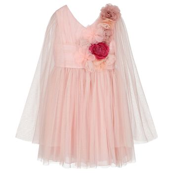 Girls Pink 3D Flower Tulle Cape Dress