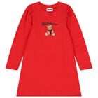 Girls Red Teddy Bear Logo Dress, 3, hi-res