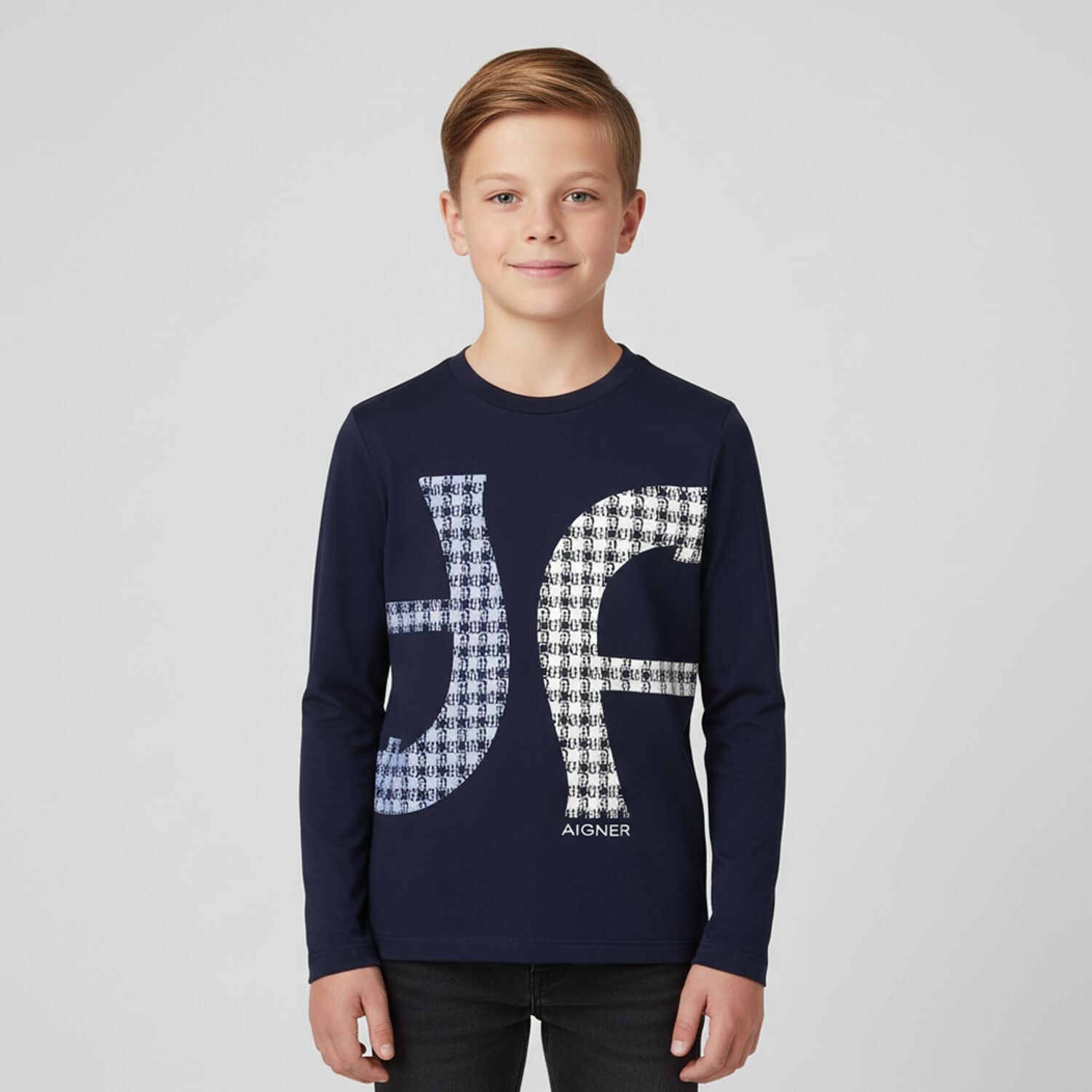 Boys Navy Blue Logo Long Sleeve Top, 1, hi-res