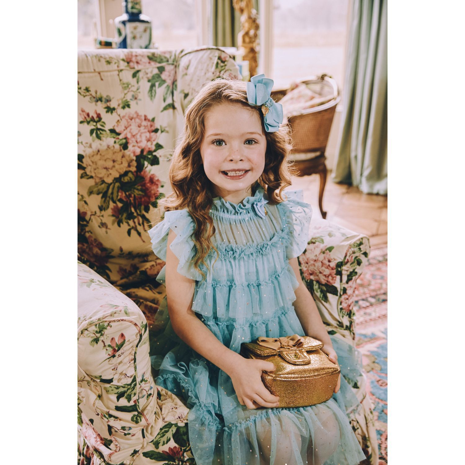 Girls Blue Embellished Tiered Tulle Dress, 1, hi-res