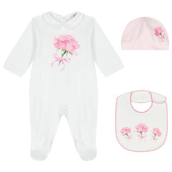 Baby Girls White & Pink Rose Babygrow Gift Set