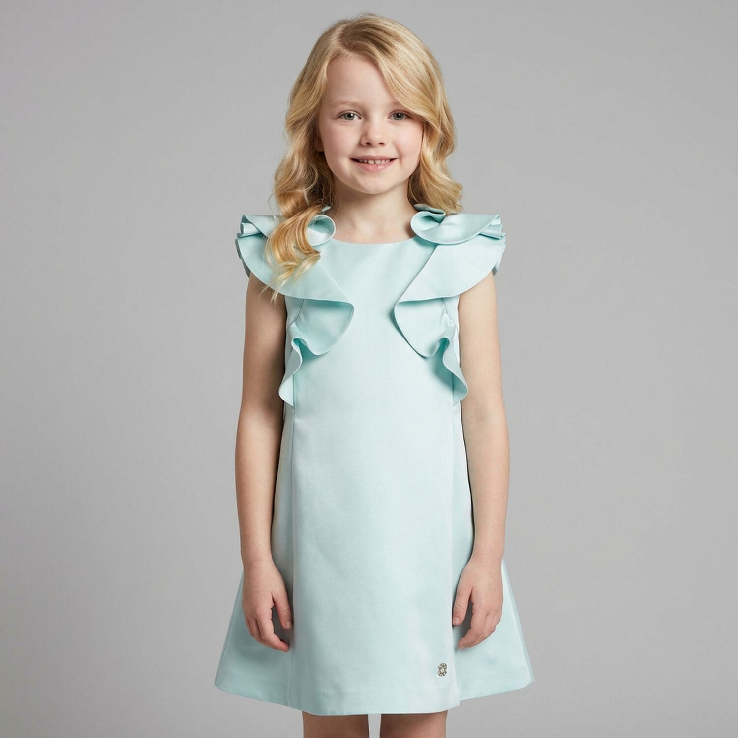 Girls Aqua Satin Ruffle Dress, 3, hi-res