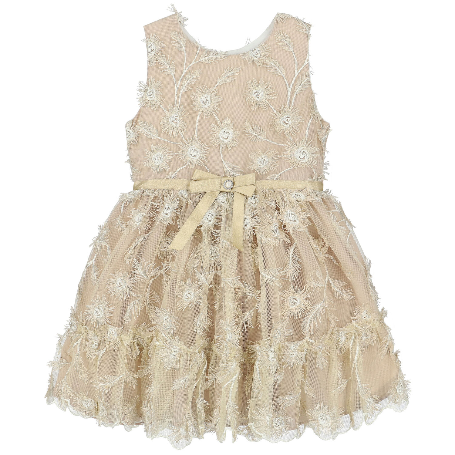 Girls Gold Floral Tulle Dress, 1, hi-res