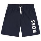 Boys Navy Blue Logo Swim Shorts, 2, hi-res
