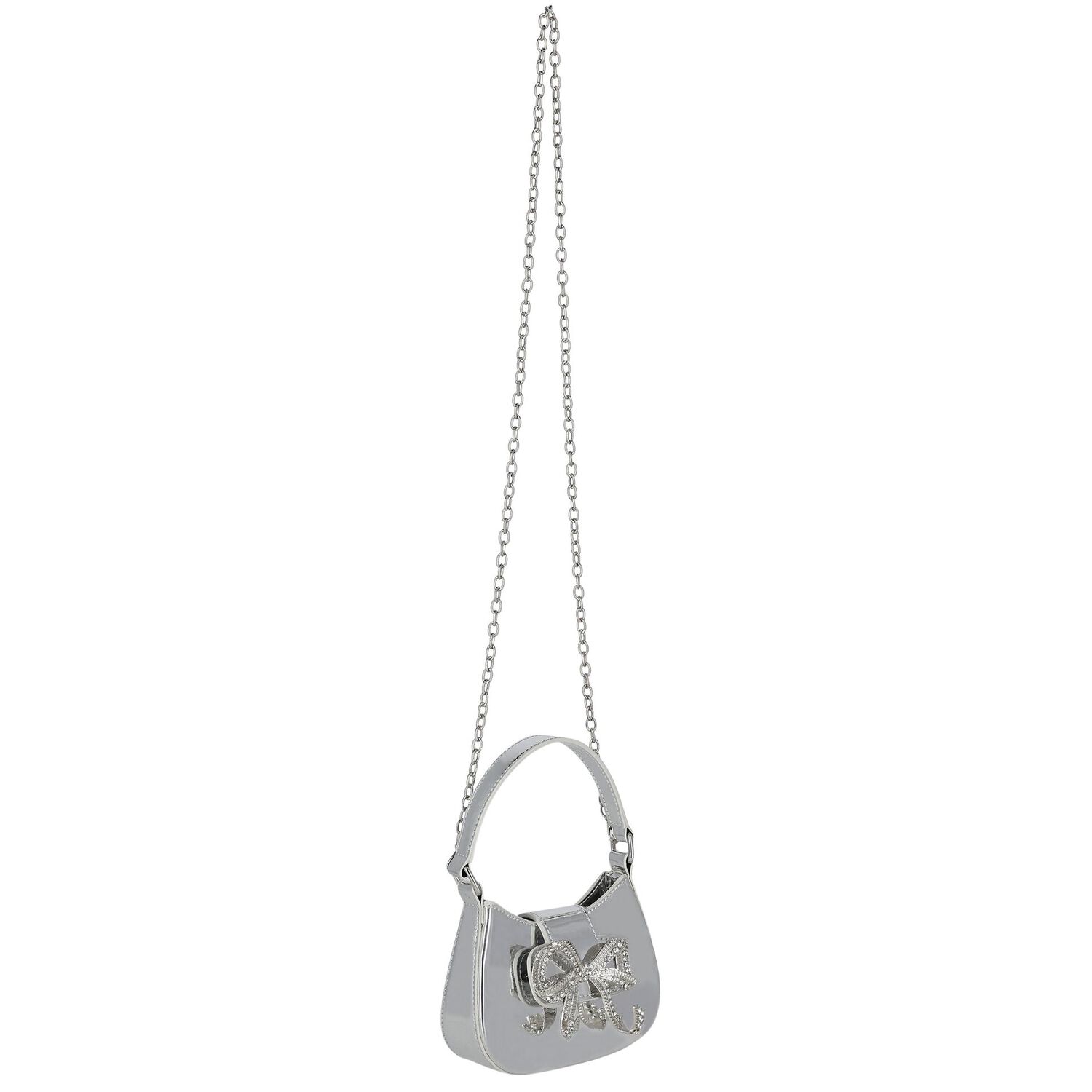 Girls Metallic Silver Diamante Bow Handbag ( 16CM ), 1, hi-res